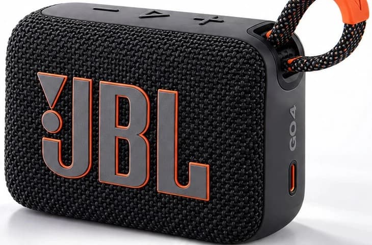 JBL Go 4 in Black, front three-quarter view